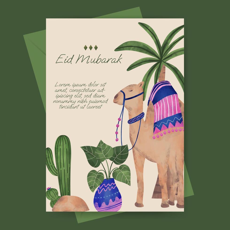 islâmico cumprimento cartão com mesquita e plantar ilustração para Ramadã eid Mubarak islâmico dia. vetor