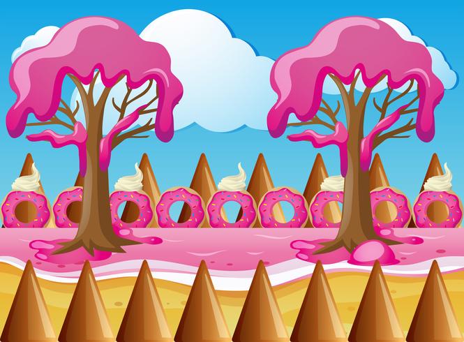 Terra de doces com árvores de creme de morango vetor