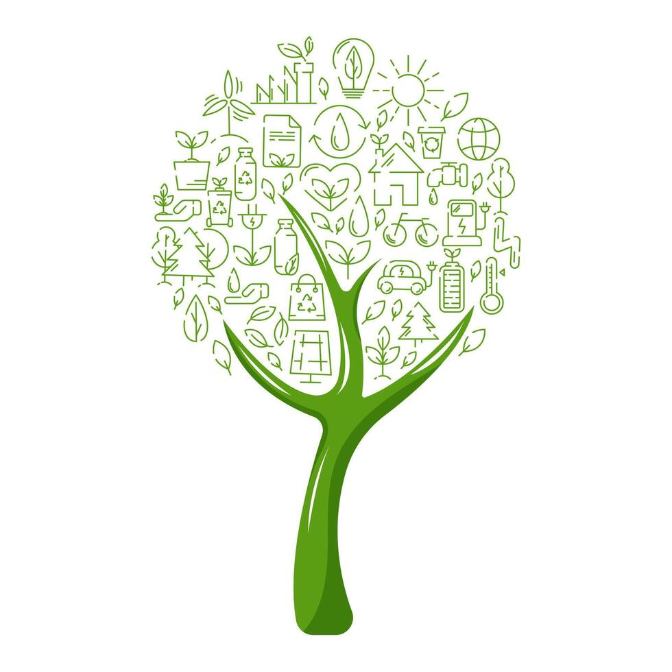 ecologia ícones definir, árvore forma. ecologia meio Ambiente melhoria, sustentabilidade, reciclar, renovável energia, natureza. eco amigáveis vetor ilustração. conceito do internet zero emissões de 2050.