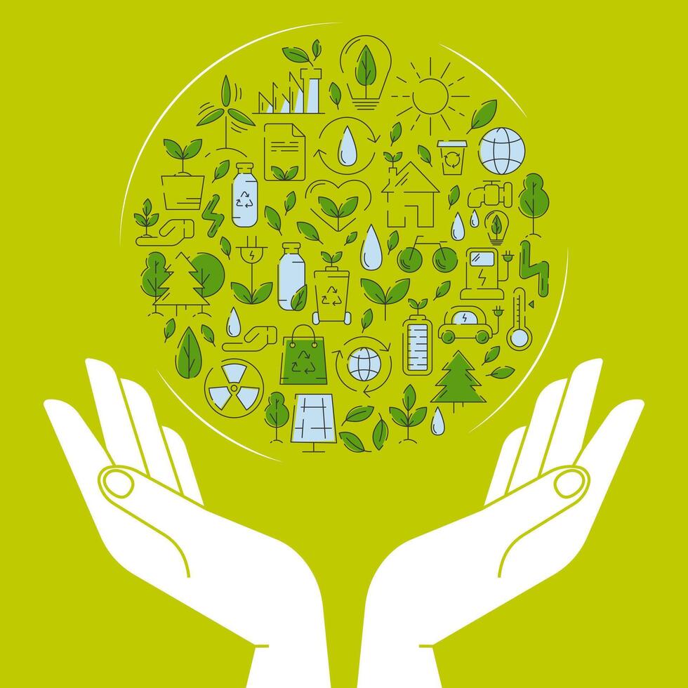 ecologia poster, humano mãos segurando terra com eco amigáveis energia fontes, círculo com linha ecológico ícones. Salve  a planeta, meio Ambiente melhoria, reciclar, renovável energia. vetor quadrado Projeto