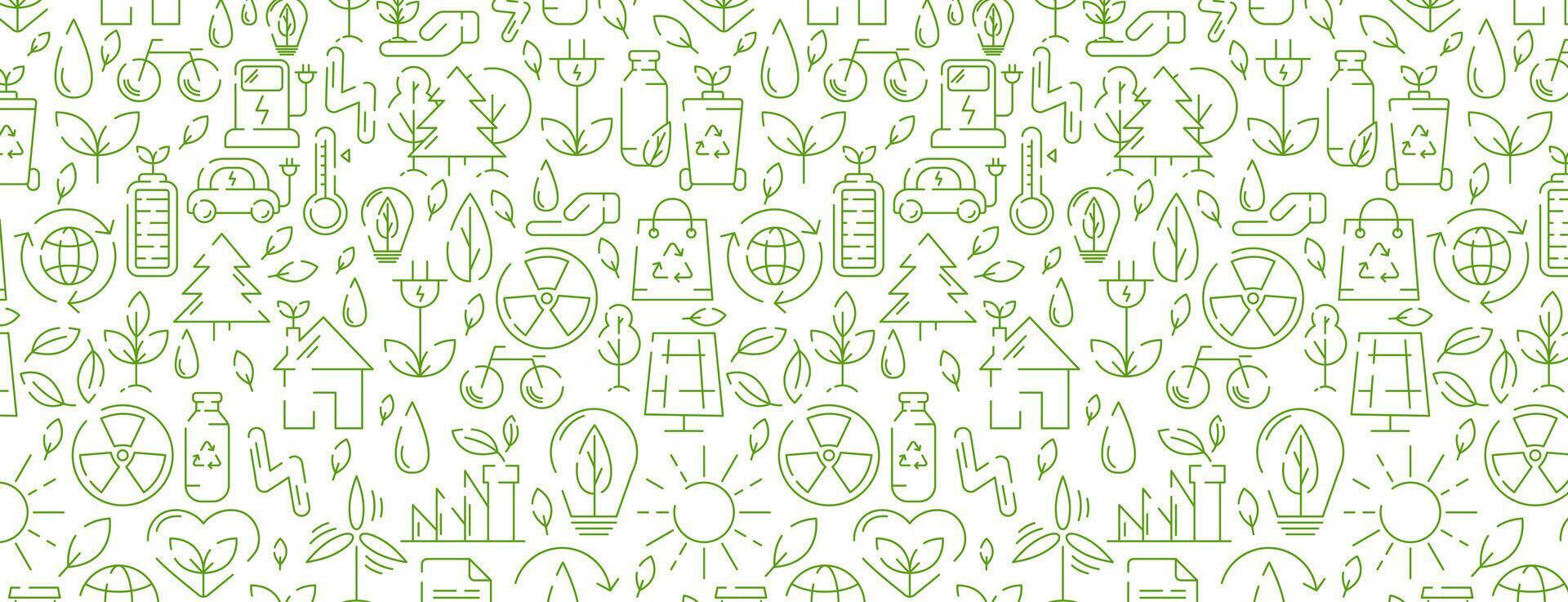 ecologia desatado padrão, verde linha ícones. ecologia meio Ambiente melhoria, sustentabilidade, reciclar, renovável energia. eco amigáveis vetor bandeira. para cobrir, invólucro papel, têxtil impressão