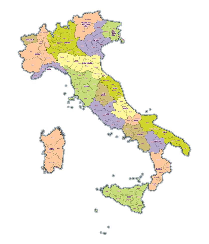 administrativo mapa do Itália mostrando regiões, províncias vetor