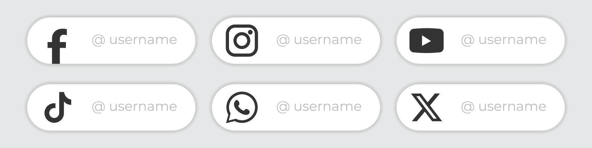 social meios de comunicação mais baixo terceiro ícones. vetor nome do usuário ícones. Facebook, Instagram, YouTube, tiktok, Whatsapp, x