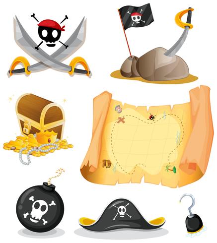 Pirata conjunto com mapa e armas vetor