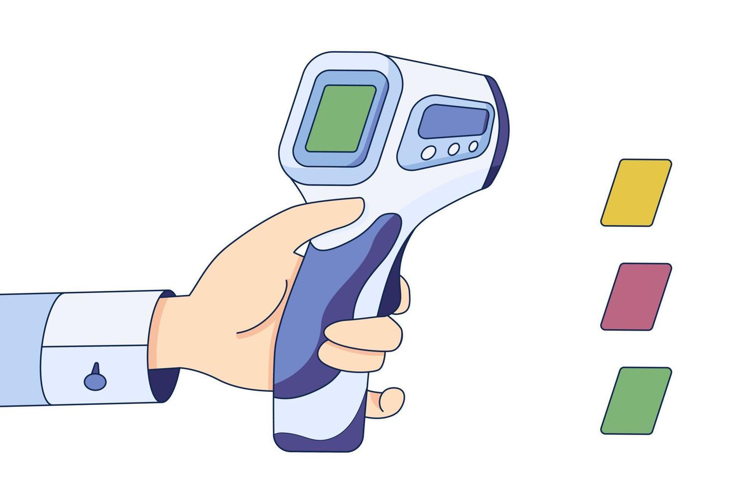 médico segura termômetro infravermelho na mão, verificação de temperatura corporal em um estilo simples, isolado em um fundo branco vetor