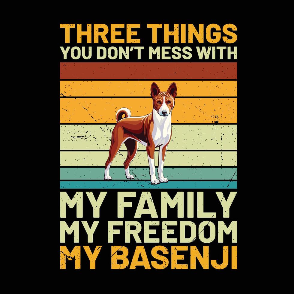 três coisas você não bagunça com meu família meu liberdade meu basenji retro camiseta Projeto vetor