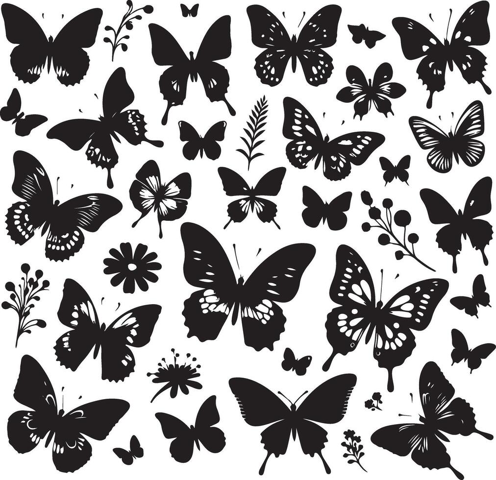 borboletas e flores, padronizar com borboletas, conjunto do borboletas, vôo borboletas silhueta Preto conjunto isolado em branco fundo vetor