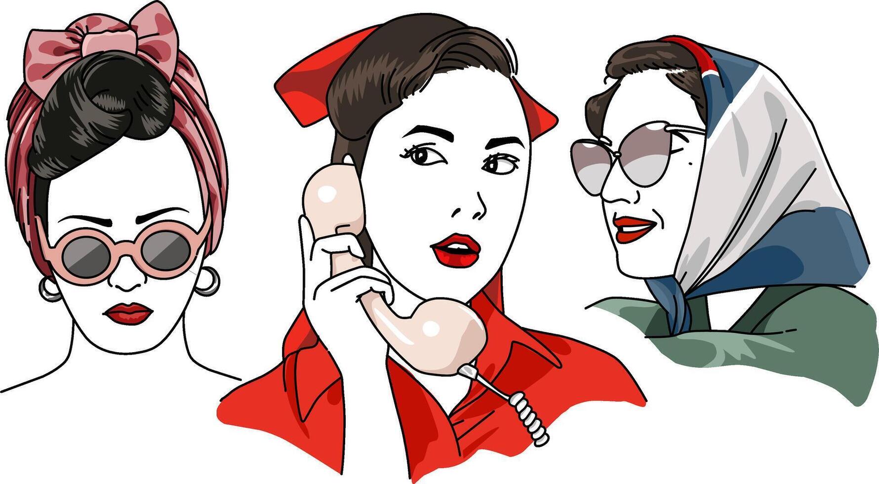 ilustração do vintage menina anos 50 vestindo vermelho bandana e cachecol vetor