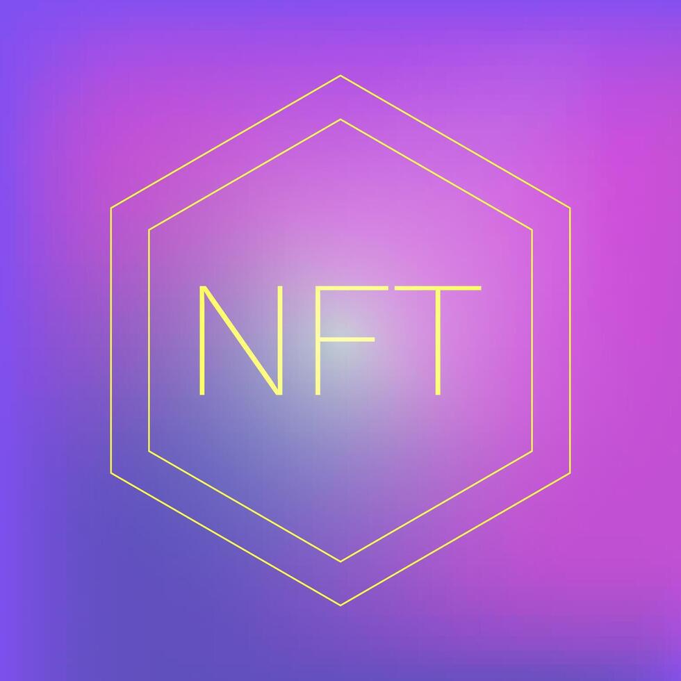 nft texto dentro polígono. nft ilustração, criptográfico símbolo. gradiente fundo. coleção do virtual imagens, artístico criação. criptomoeda, blockchain. direito autoral fixação. vetor ilustração.