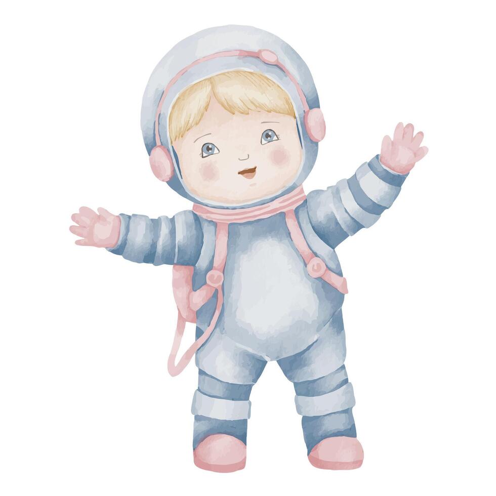 cosmonauta aguarela ilustração. mão desenhado astronauta dentro uma espaço em isolado fundo. desenhando do menina astronauta para bebê chuveiro cumprimento cartões ou aniversário convite pastel cores vetor
