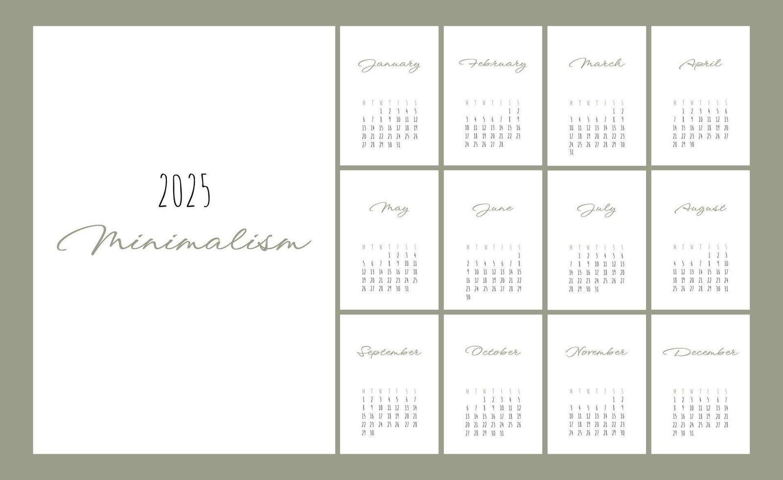 calendário 2025 na moda minimalista estilo. conjunto do 12 Páginas escrivaninha calendário. 2025 mínimo calendário planejador Projeto para impressão modelo. vetor ilustração