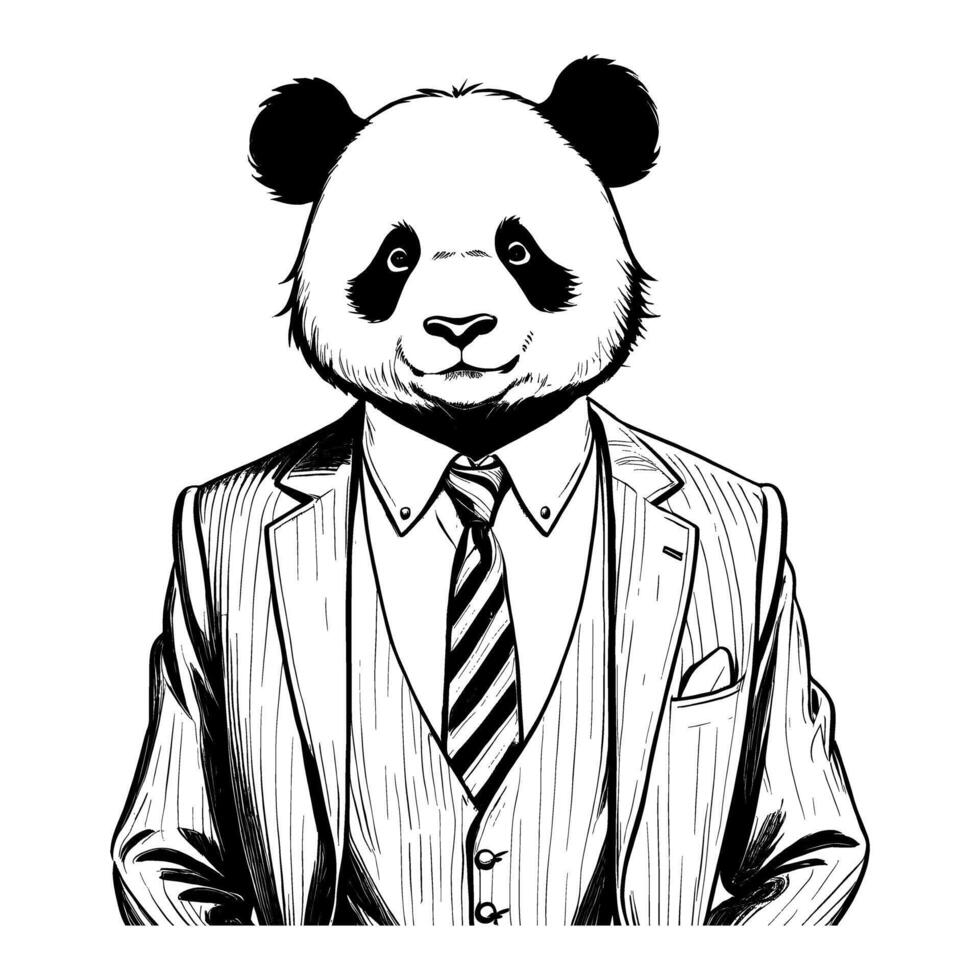 panda vestindo o negócio suíte velho retro vintage gravado tinta esboço mão desenhado linha arte vetor