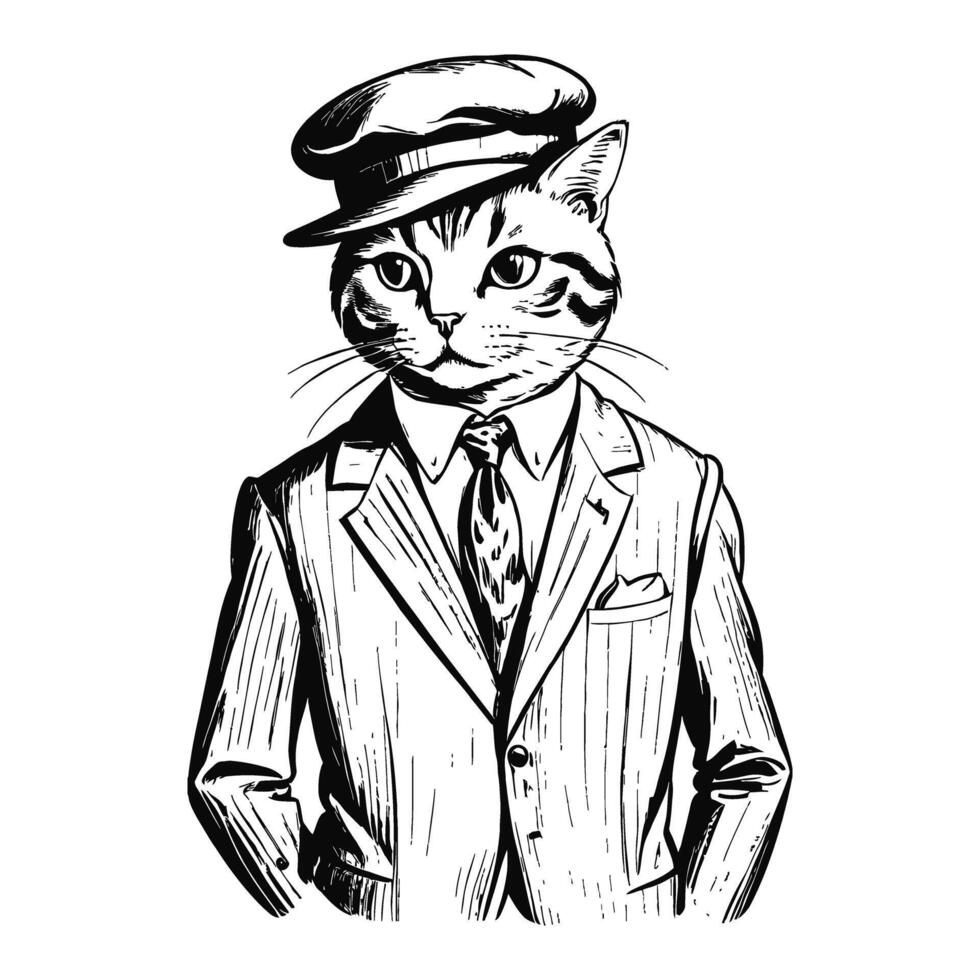 antro humanóide britânico cabelo curto gato vestindo o negócio suíte e chapéu velho retro vintage gravado tinta esboço mão desenhado linha arte vetor