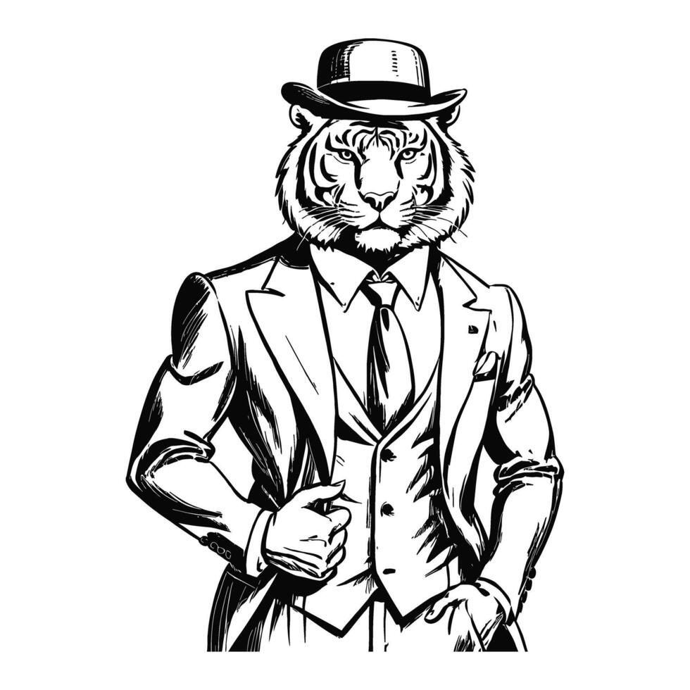 antro humanóide tigre vestindo o negócio suíte e chapéu velho retro vintage gravado tinta esboço mão desenhado linha arte vetor