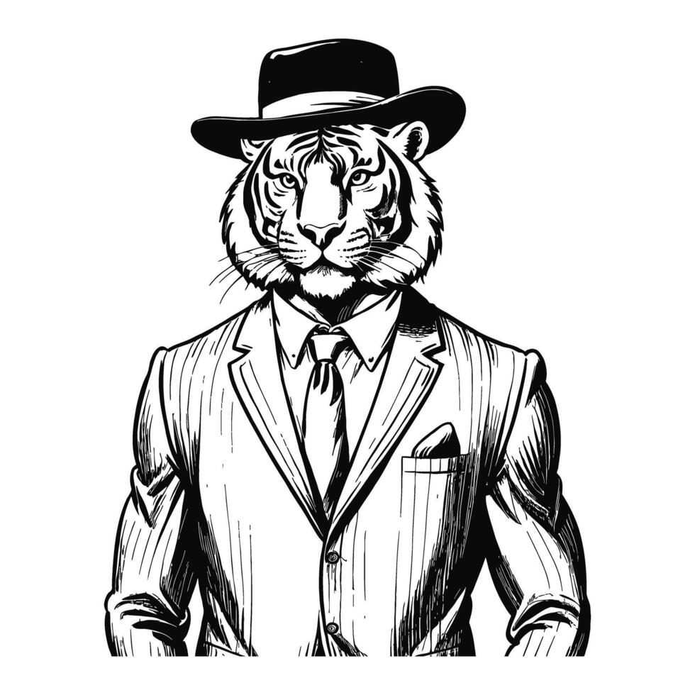 antro humanóide tigre vestindo o negócio suíte e chapéu velho retro vintage gravado tinta esboço mão desenhado linha arte vetor