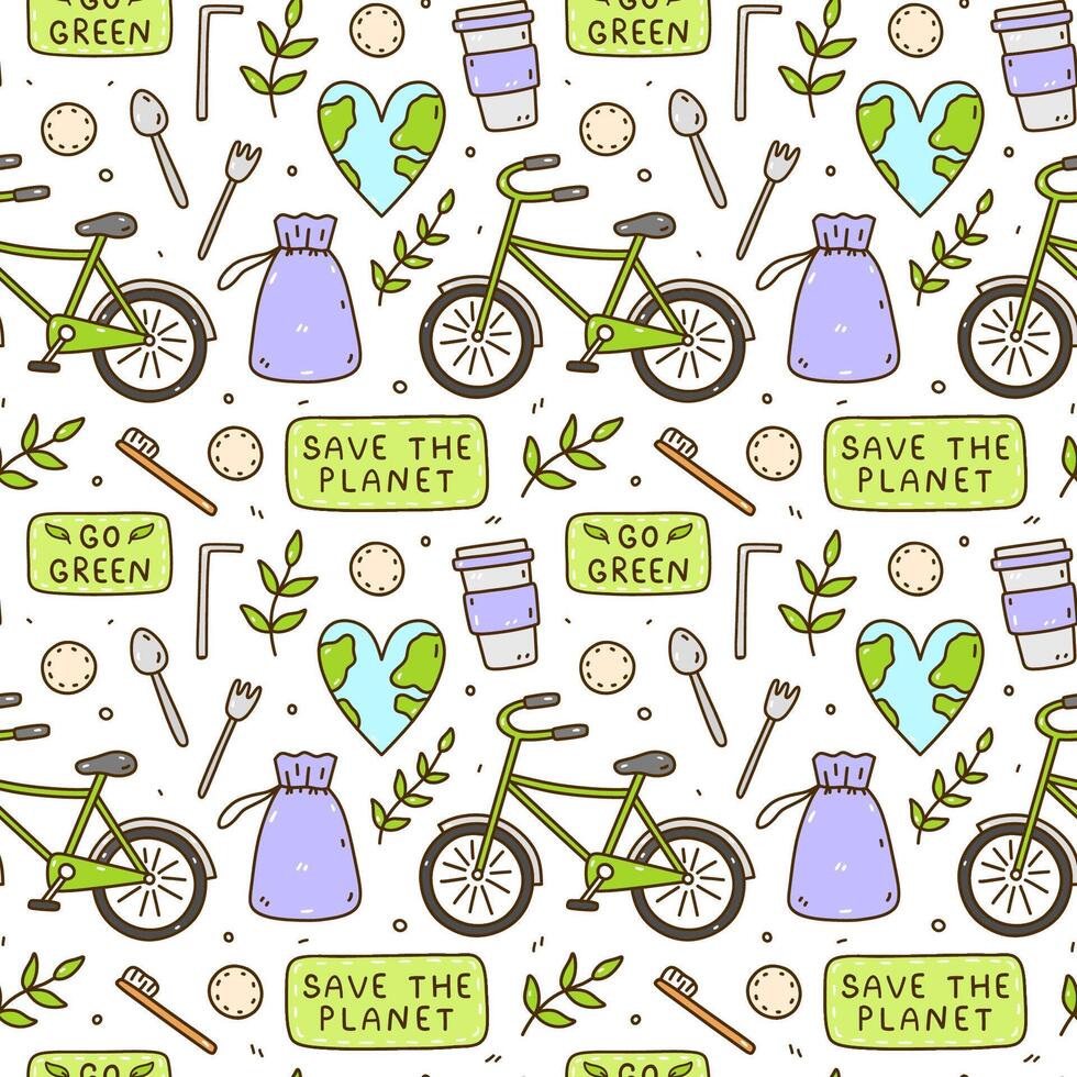 fofa desatado padronizar com reciclar e reutilizável produtos - café xícara, tecido bolsas, algodão almofadas, bambu escovas de dentes, aço talheres. bicicleta e em forma de coração terra. zero desperdício, Salve  a planeta, ir verde vetor