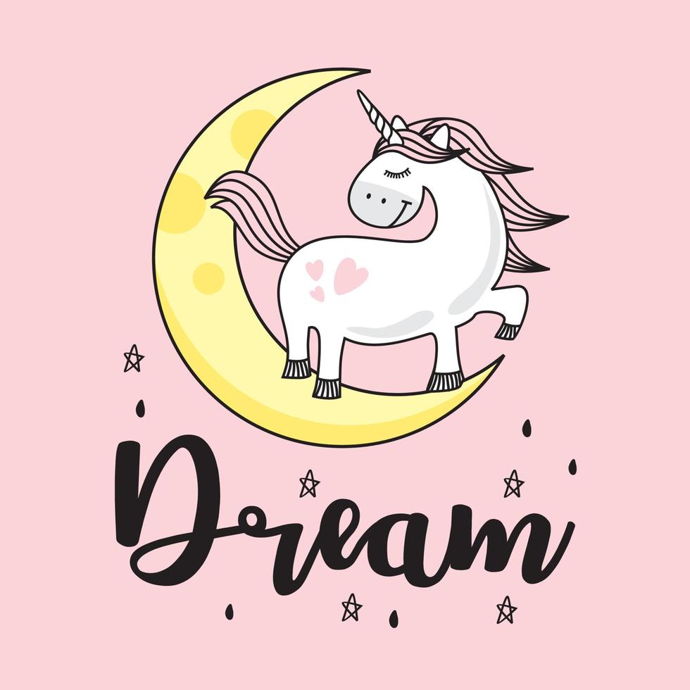 unicórnio doodle rosa sonho lua noite vetor