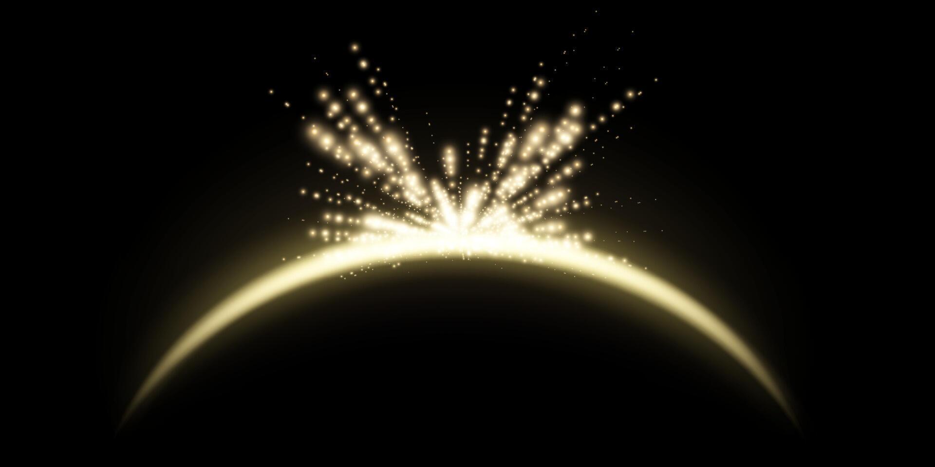 ouro Magia arco com brilhando partículas, luz solar lente flare. néon realista energia flare arco. abstrato luz efeito em uma Preto fundo. vetor ilustração.