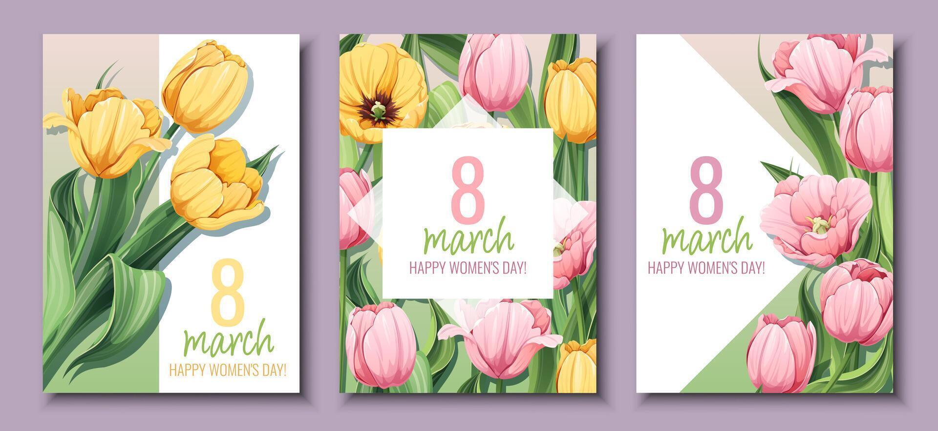conjunto do cumprimento cartões para internacional mulheres s dia. poster com amarelo e Rosa tulipas para marcha 8º. vetor modelo com Primavera ramalhete