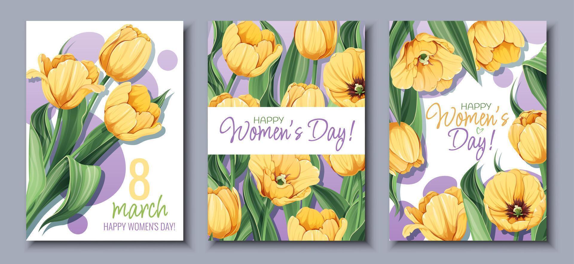 conjunto do cumprimento cartões para internacional mulheres s dia. poster com amarelo tulipas para marcha 8º. vetor modelo com Primavera ramalhete