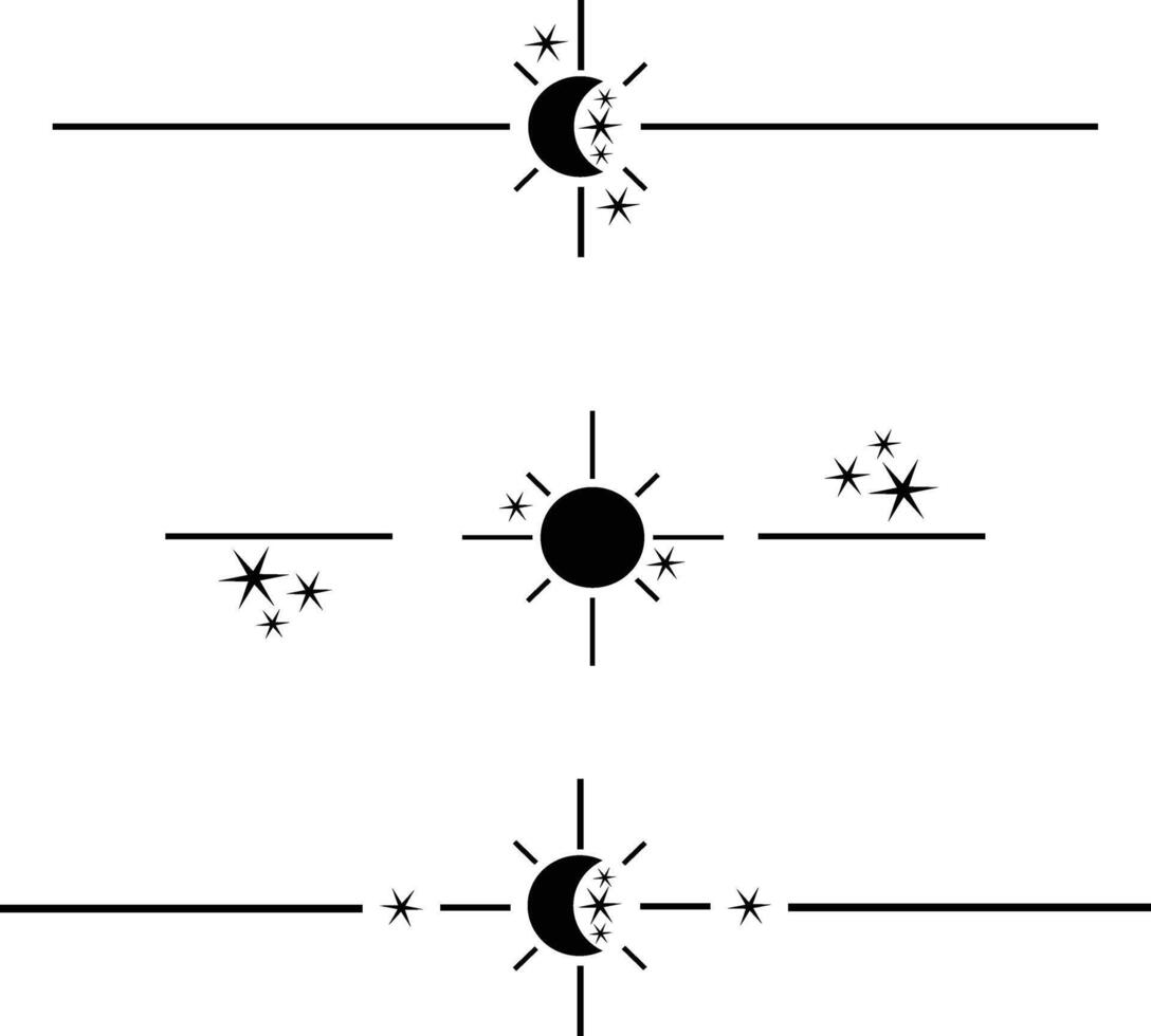 lua e Sol divisores, parágrafo e texto divisores, fronteiras, quadros e separadores com crescente lua e estrelas vetor