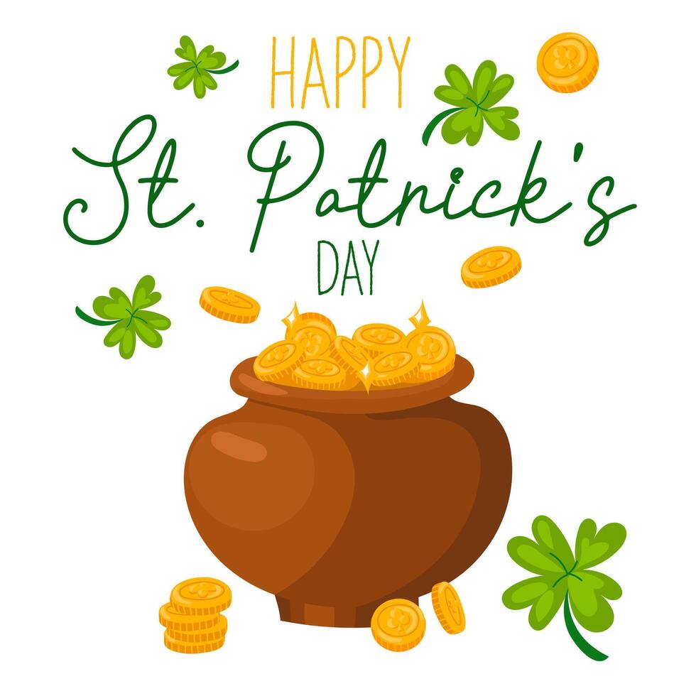 engraçado feliz st. patrick's dia inscrições e uma caldeirão com duende moedas para cartazes, panfletos, cartões postais, convites, adesivos, bandeiras, presentes. vetor ilustração do uma moderno irlandês. quadrado