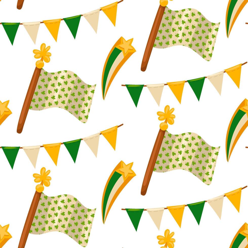 st. patrick's dia padronizar. vetor desatado fundo com trevo folhas, bandeiras, mastro. adequado para decoração st. patrick's dia ou Primavera. para decoração tecido, invólucro papel