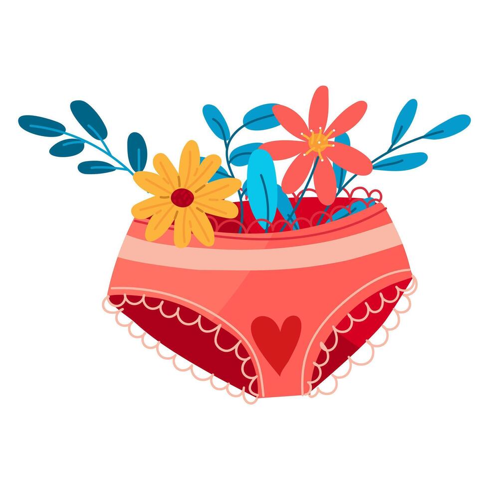 mulheres roupa íntima para menstruação. higiene durante menstruação. roupa íntima com menstrual sangue dentro a forma do coração. ilustração do a Cuidado do a fêmea menstrual ciclo. vetor gráficos. flores