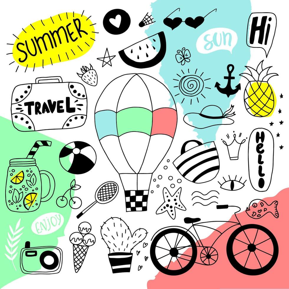 conjunto do verão rabisco ícones. vetor ilustração com viagem mala, balão, oculos de sol, bicicleta, etc.