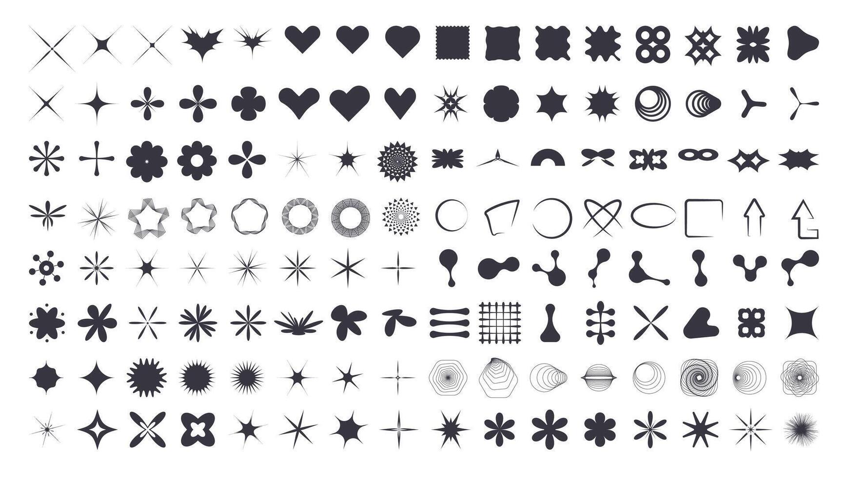 ano 2000 elementos definir. coleção do diferente formas para Projeto. corações, estrelas, flores e abstrato geométrico formulários. vetor figuras isolado em branco fundo ilustração.