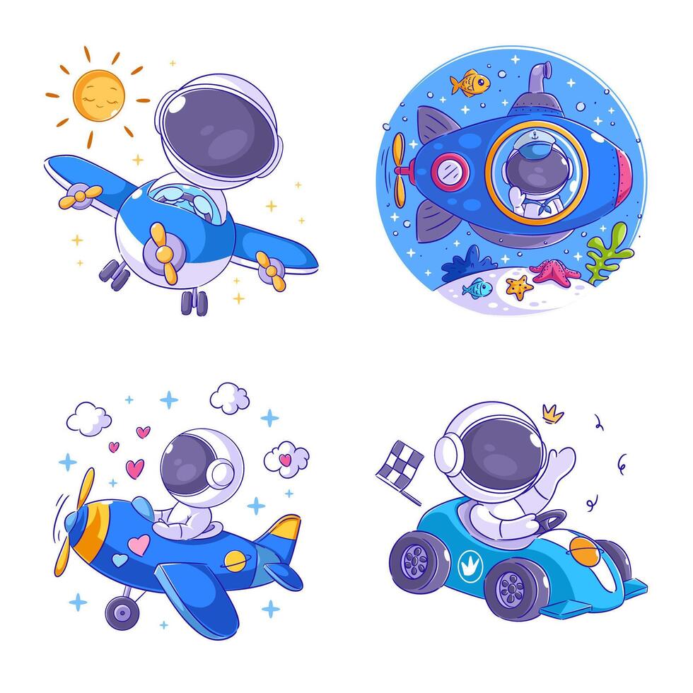 fofa astronauta dirigindo uma avião, desenho animado estilo conjunto vetor