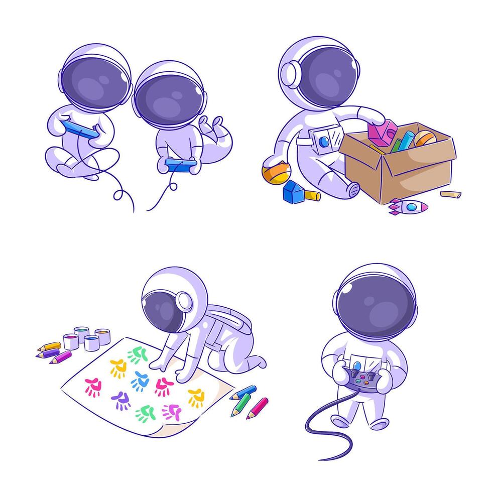 fofa astronauta jogando com brinquedos, desenho animado estilo conjunto vetor