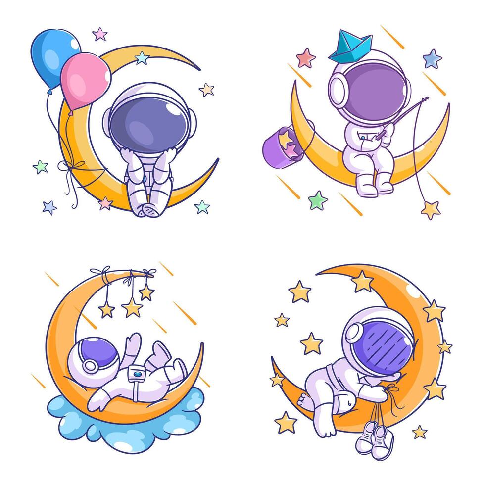 fofa astronauta em a lua desenho animado estilo conjunto vetor