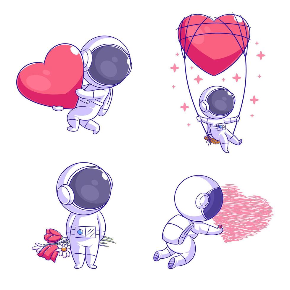 fofa astronauta com amor, desenho animado estilo conjunto vetor