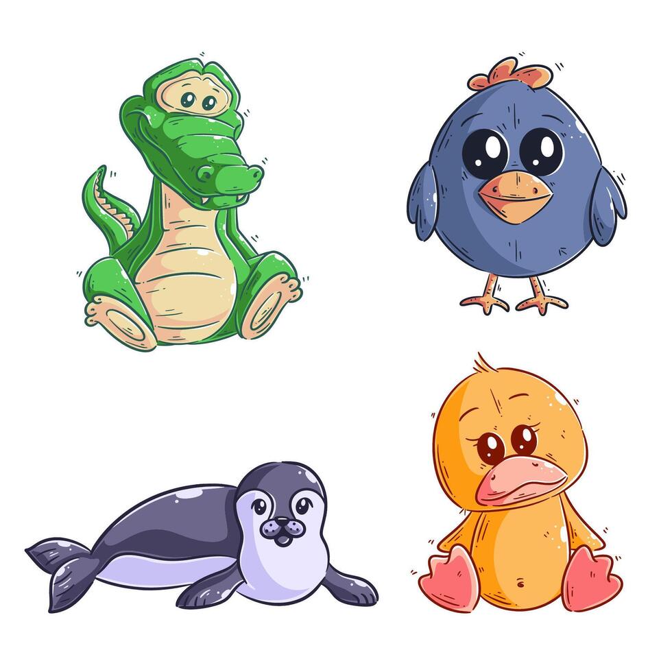 fofa crocodilos, pássaros, mar leões e patos, mão desenhado estilo conjunto vetor