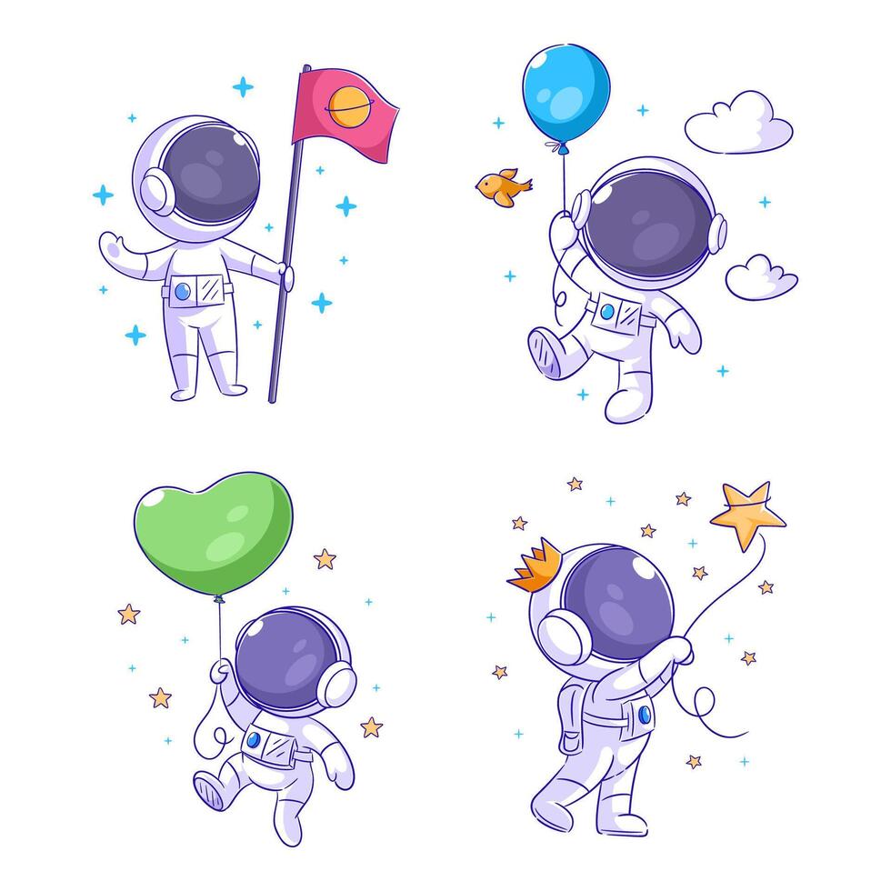 fofa astronauta com balões, desenho animado estilo conjunto vetor