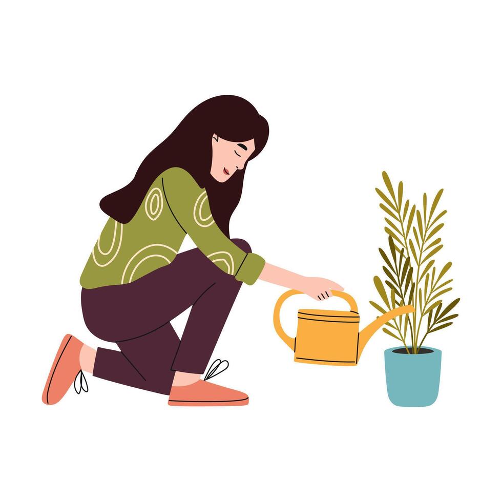 fofa menina rega uma planta de casa. urbano jardinagem. vetor ilustração.