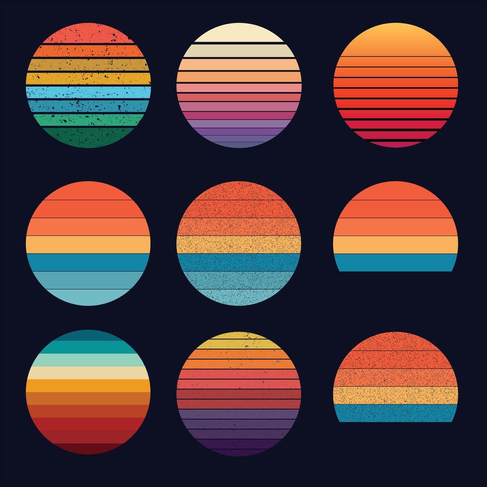 retro vintage cor fundo ilustrações forma 9 peça definir. vintage pôr do sol coleção dentro Anos 70 anos 80 estilo. regular e angustiado retro pôr do sol conjunto com texturizado versões vetor