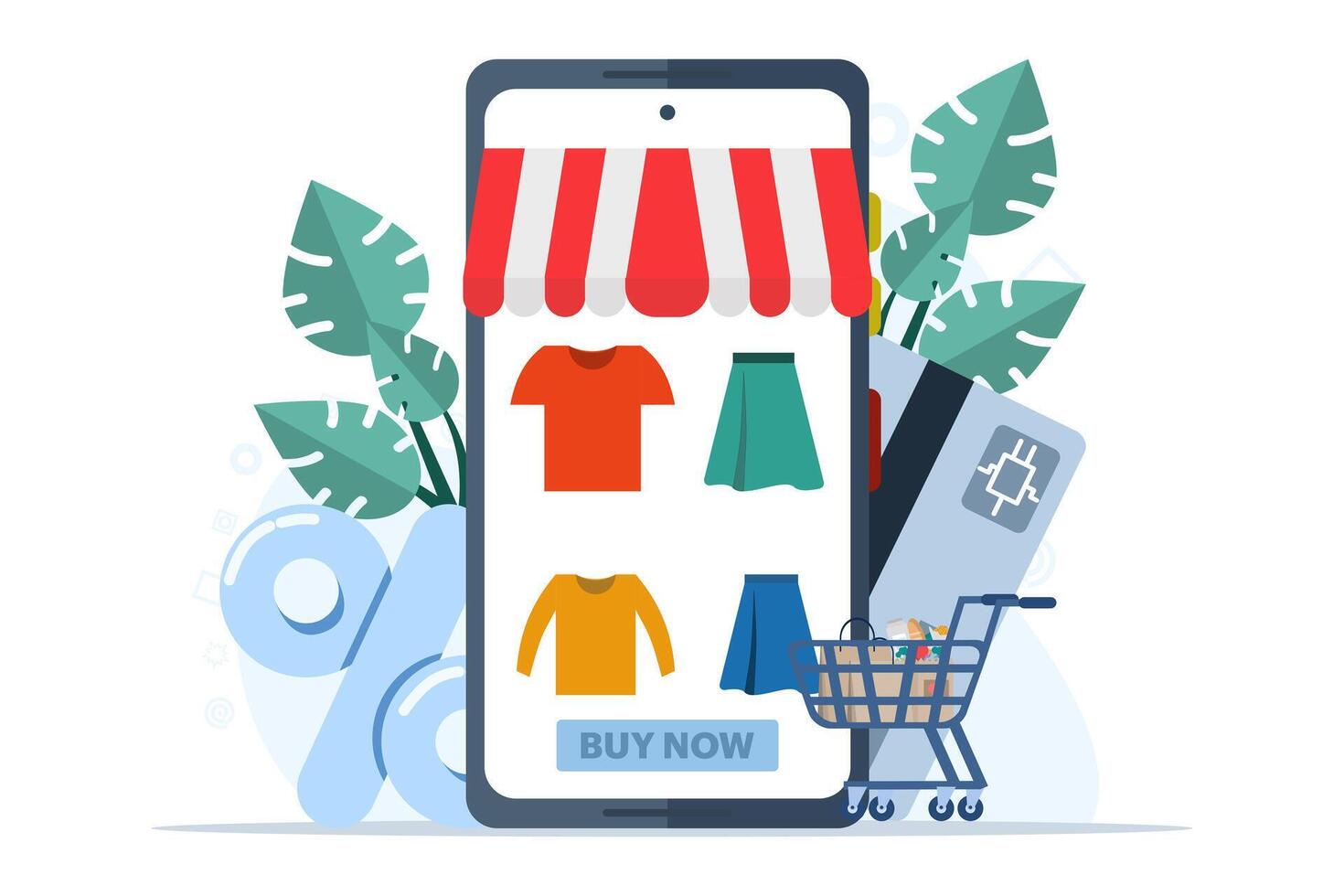 conceito do conectados compras, comércio eletrônico, instantâneo oferta, desconto, sem dinheiro pagamento, digital, pessoas fazendo conectados compras transações, smartphones e compras cartões fazendo conectados compras. vetor