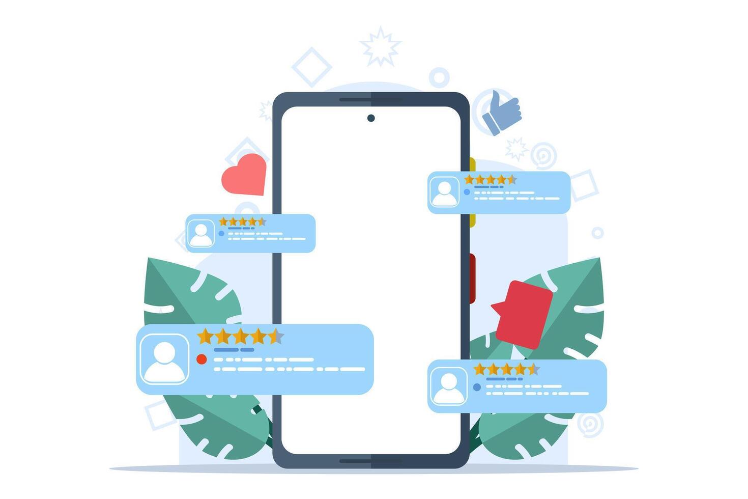 cliente comentários conceito para ui ux, pessoas Avalie produtos em aplicativo Serviços em sites, social meios de comunicação, positivo avaliações em smartphones, cliente satisfação, avaliações, conectados pesquisas. vetor