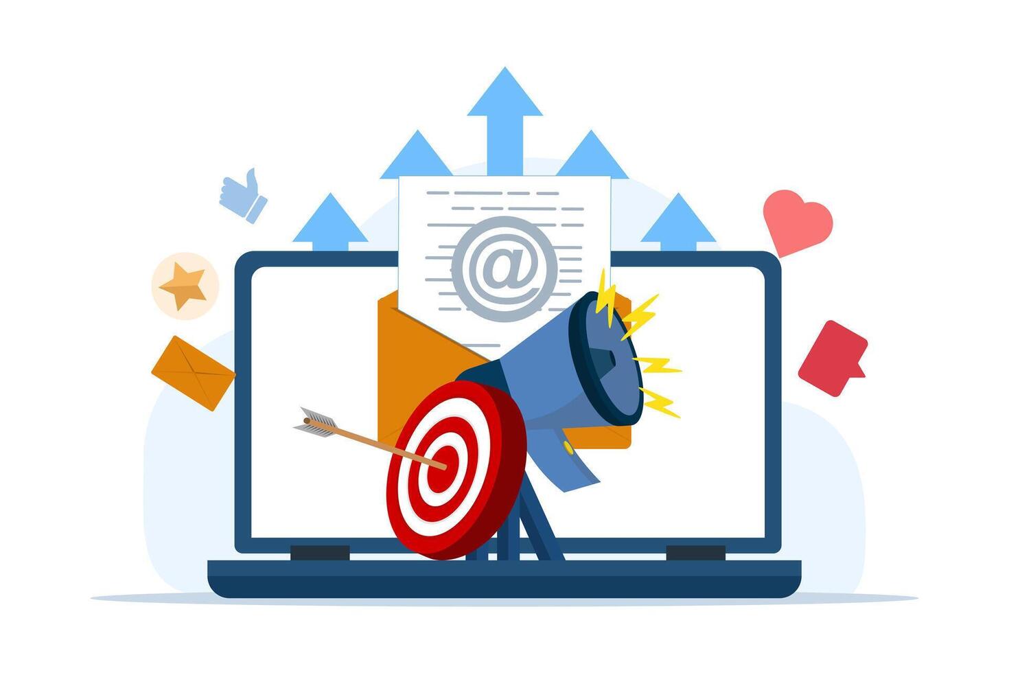 o email marketing conceito, conectados o negócio estratégia, anúncio, o email Boletim de Notícias, mensagem, marketing material para aterrissagem página, rede bandeira, social meios de comunicação, infográfico. plano vetor ilustração.