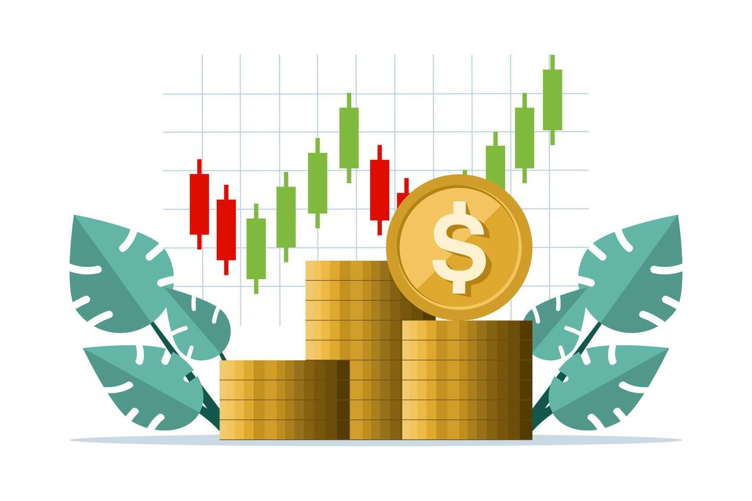 estoque mercado comerciante conceito, técnico análise para Comprar e vender ações para lucro, investimento ou riqueza gerenciamento, Segue tendências, dólar moedas com gráficos e gráficos. plano vetor ilustração.