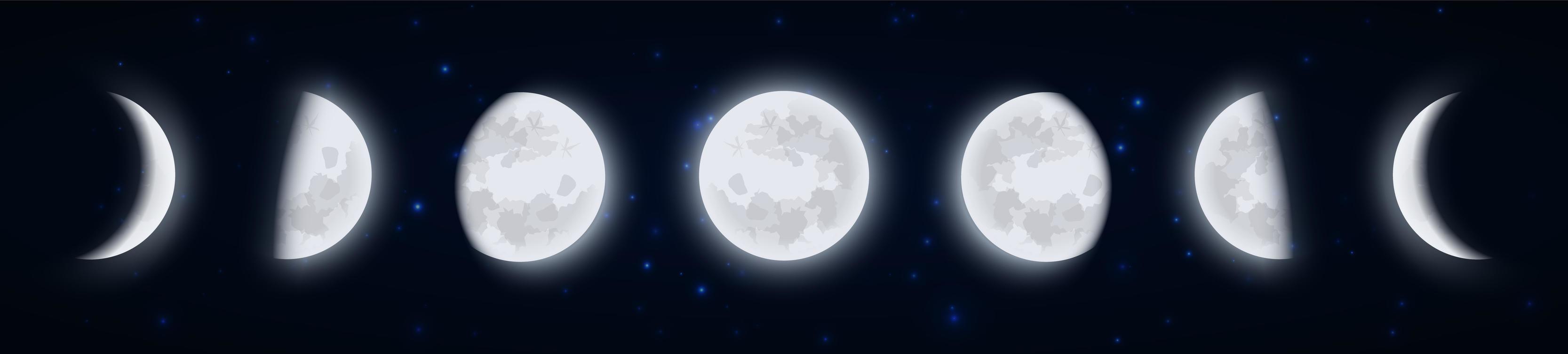 conjunto de ícones de fases lunares, fases da lua no céu estrelado à noite, formato da parte da lua diretamente iluminada pelo sol, vista da terra. ícones de satélite da Terra, illustraton do vetor. vetor