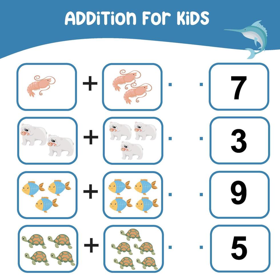 Adição para crianças planilha. crianças educacional jogo. vamos contagem junto. imprimível educacional planilha atividade. exercício para crianças para reconhecer a número. vetor