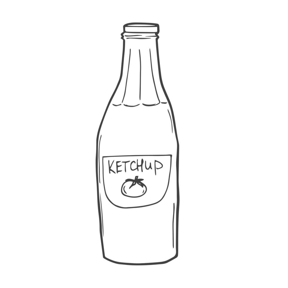 ketchup molho dentro garrafa esboço ícone vetor ilustração. linha mão desenhando tomate ketchup condimento para churrasco