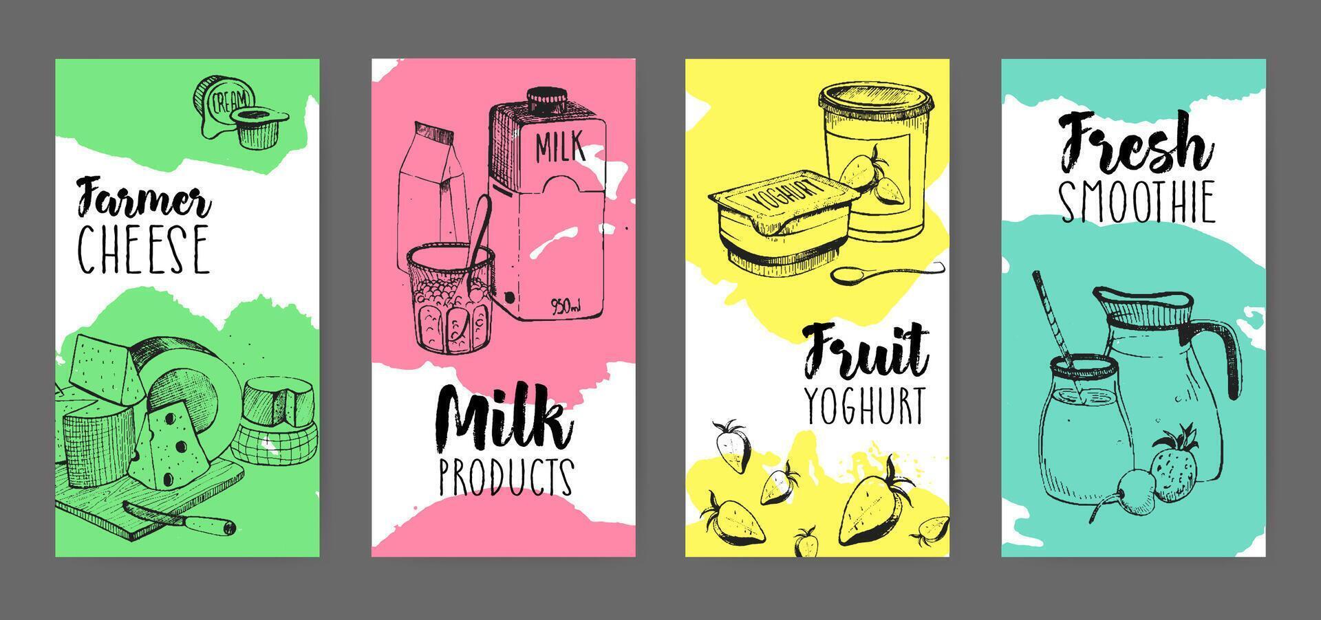 coleção do folhetos com laticínios produtos propaganda - agricultor queijo, leite, fruta iogurte, fresco batido mão desenhado em branco fundo com brilhante colori manchas do pintar. vetor ilustração.