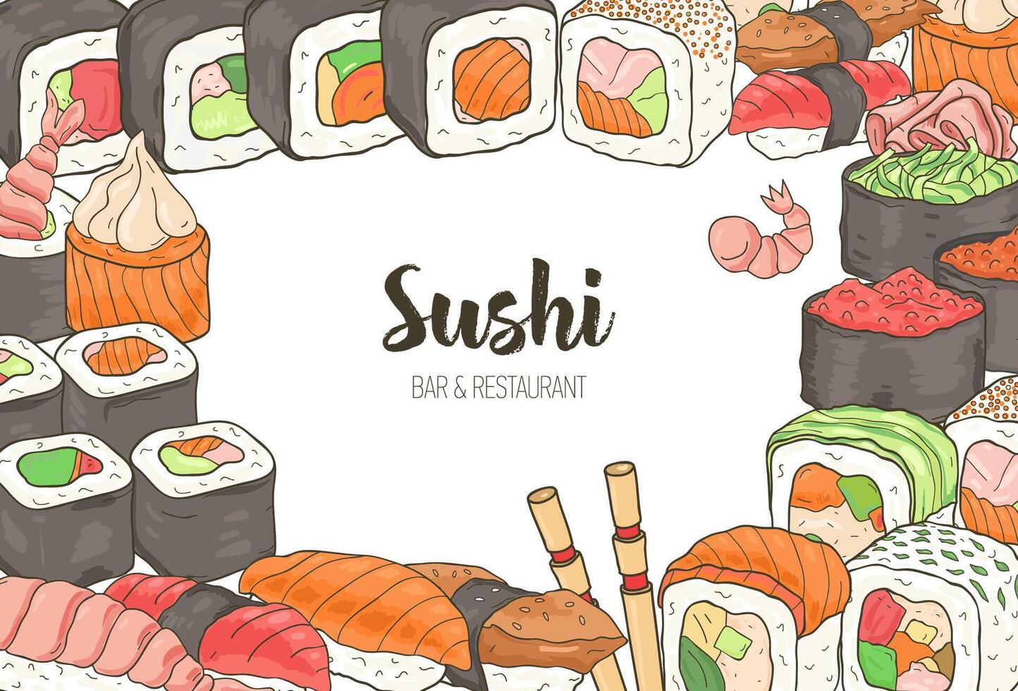 horizontal modelo com colorida quadro, Armação consistiu do vários tipos do japonês Sushi e rolos em branco fundo. mão desenhado vetor ilustração para cardápio ou bandeira do ásia Comida restaurante.