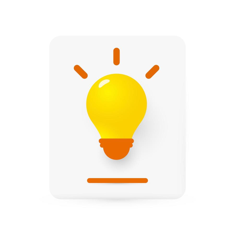 ícone 3d de lâmpada para ideia de caderno, boa ideia, suporte online, fato interessante, pensamento inovador, aplicação de logotipo de lâmpada. símbolo de brainstorming. infográfico de escritório e web. ilustração vetorial. vetor