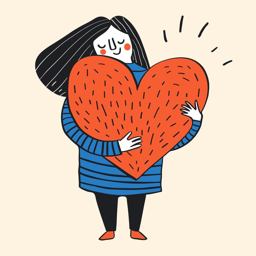 fofa desenho animado mulher com Preto cabelo segurando uma grande vermelho coração. amor e auto Cuidado conceito. plano vetor ilustração.