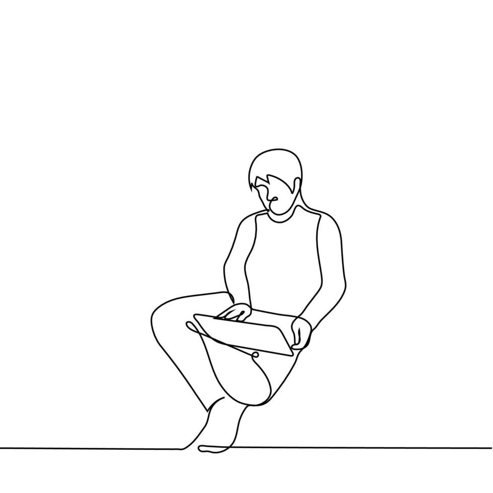homem sentado turco com computador portátil em dele colo - 1 linha desenhando vetor. conceito Internet surf, trabalhos a partir de lar, social redes vetor